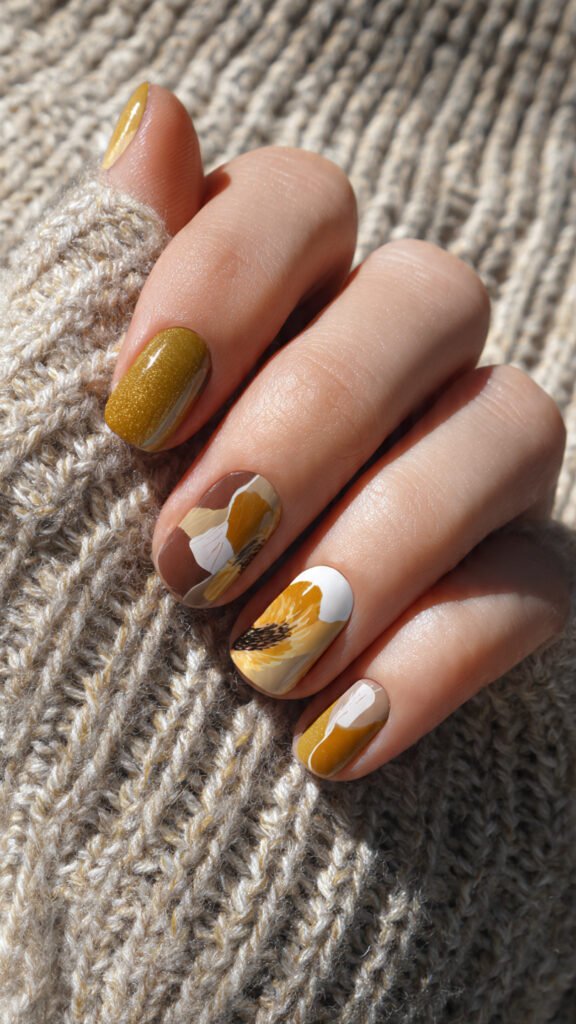 abstract-sunflower-nail-art-on-short-nails-modern-