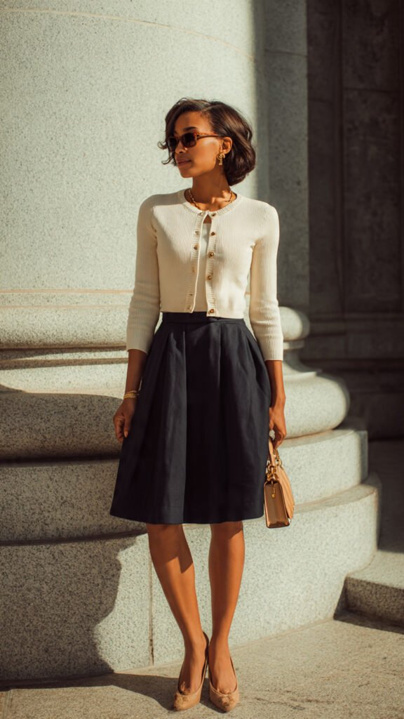 The Cardigan with an A-Line Skirt