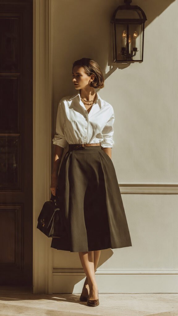 midiskirtwithbuttondownshirt