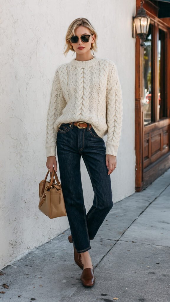 The Cable-Knit Sweater with Tailored Denim