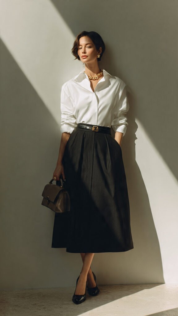 midiskirtwithbuttondownshirt