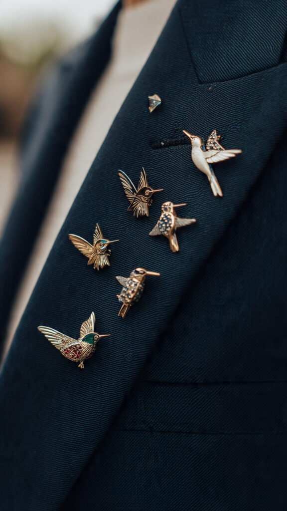 close-up-of-a-deep-navy-or-charcoal-blazer-lapel-with bird brooches