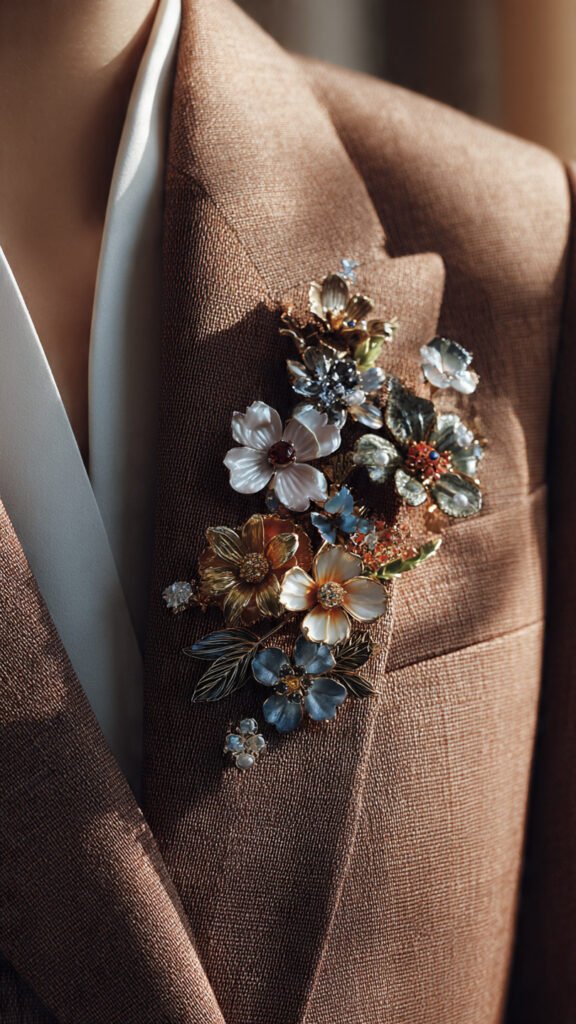 close-up-of-stacked-floral-cluster-brooches-on-a-t
