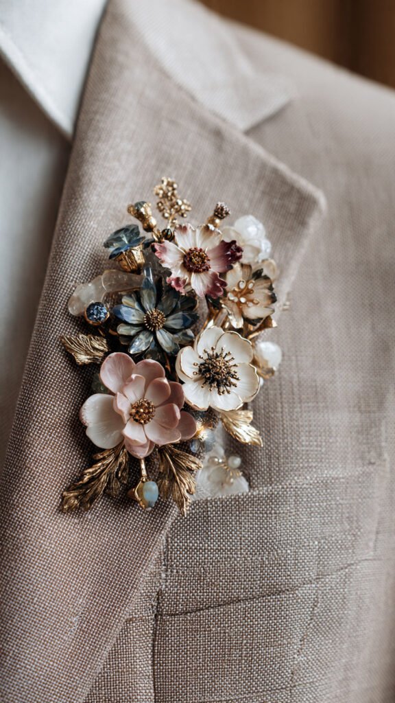 close-up-of-stacked-floral-cluster-brooches-on-a-t