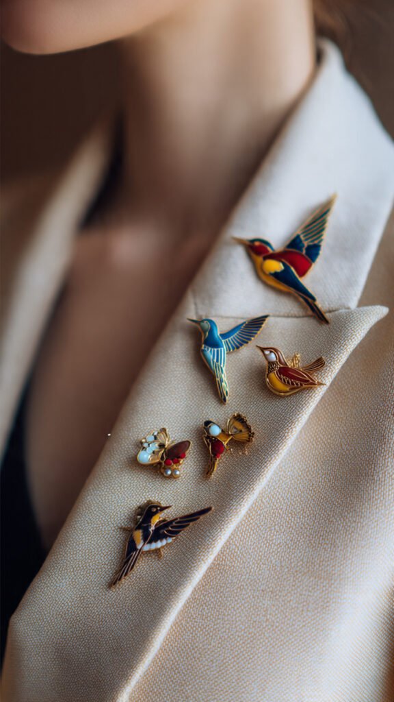 close-up-of-a-deep-navy-or-charcoal-blazer-lapel-with bird brooches