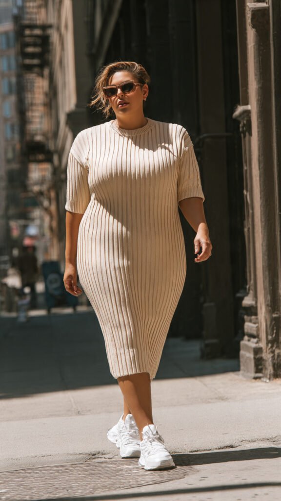 Ribbed Knit Dress with Sneakers