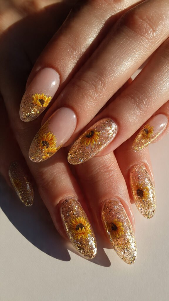 glitter-sunflower-nail-art-glamorous-manicure-with