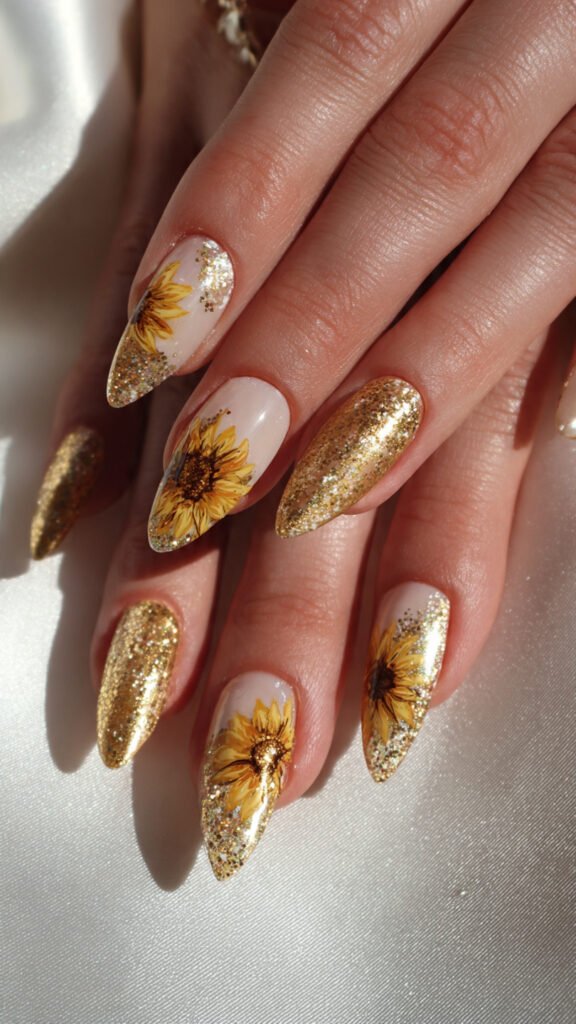 glitter-sunflower-nail-art-glamorous-manicure-with
