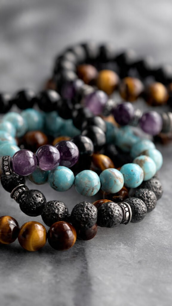 Gemstone Beaded Bracelets  Gemstone beaded bracelets introduce a different dimension by combining aesthetics with perceived meaning. Stones such as onyx, tiger’s eye, amethyst, and turquoise are commonly used not only for their visual appeal but also for the associations people attach to them, such as protection, focus, or calmness. This category performs especially well in the men’s market, where darker tones and matte finishes create a more grounded, masculine look. At the same time, lighter stones and polished finishes are widely used in women’s designs, often integrated into mixed-material stacks that include metal accents.
