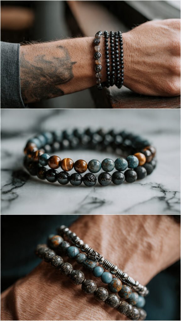 Gemstone Beaded Bracelets  Gemstone beaded bracelets introduce a different dimension by combining aesthetics with perceived meaning. Stones such as onyx, tiger’s eye, amethyst, and turquoise are commonly used not only for their visual appeal but also for the associations people attach to them, such as protection, focus, or calmness. This category performs especially well in the men’s market, where darker tones and matte finishes create a more grounded, masculine look. At the same time, lighter stones and polished finishes are widely used in women’s designs, often integrated into mixed-material stacks that include metal accents.