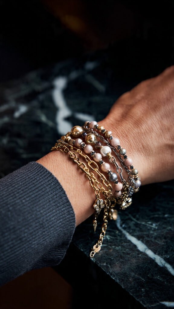 Mixed-Material and Hybrid Designs  Another important evolution in the category is the integration of beads with other jewelry elements, particularly in mixed-material designs. Beaded bracelets are increasingly combined with chains, metal links, and small charms to create hybrid pieces that sit between traditional beadwork and fine jewelry. This blending of materials allows brands to position beaded bracelets at higher price points while maintaining the relaxed, wearable feel that defines the category. It also aligns with the broader trend of mixing metals, where gold and silver are no longer treated as separate styling choices but combined within the same look.