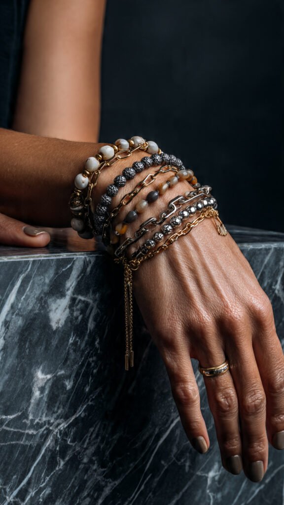 Mixed-Material and Hybrid Designs  Another important evolution in the category is the integration of beads with other jewelry elements, particularly in mixed-material designs. Beaded bracelets are increasingly combined with chains, metal links, and small charms to create hybrid pieces that sit between traditional beadwork and fine jewelry. This blending of materials allows brands to position beaded bracelets at higher price points while maintaining the relaxed, wearable feel that defines the category. It also aligns with the broader trend of mixing metals, where gold and silver are no longer treated as separate styling choices but combined within the same look.