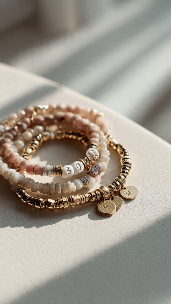 Personalization and Meaning  Personalization has become a key driver of demand, especially in the gifting market. Beaded bracelets featuring initials, names, zodiac symbols, or birthstones offer a sense of individuality that mass-produced jewelry often lacks. However, the trend has matured beyond overt customization. Instead of loud, brightly colored letter beads, there is a shift toward more refined personalization, where meaning is embedded subtly through material choice or small design elements. This makes the bracelets feel more timeless and less trend-dependent.