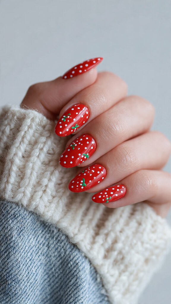 strawberry-inspired-red-nails-with-tiny-white-dots