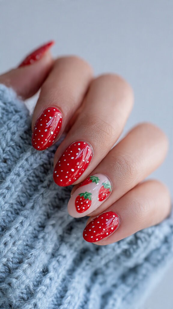strawberry-inspired-red-nails-with-tiny-white-dots