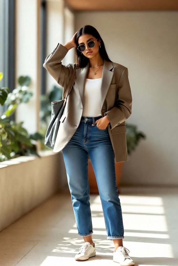 Blazer With Straight-Leg Jeans and Sneakers