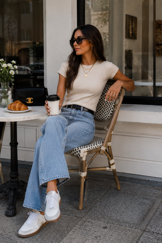 knit top and relaxed jeans