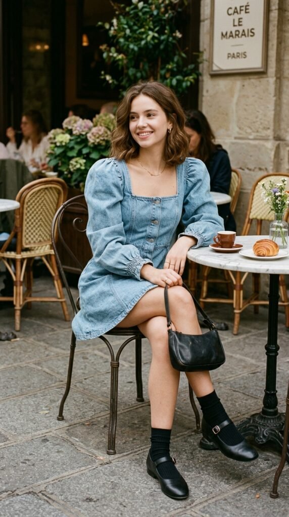 Girl_wearing_denim_dress_flats_ Girl_wearing_denim_dress_flats_
