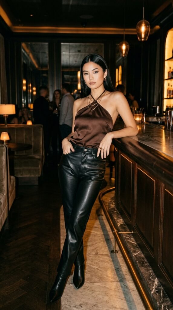 Satin Halter Top + Leather Pants Satin Halter Top + Leather Pants