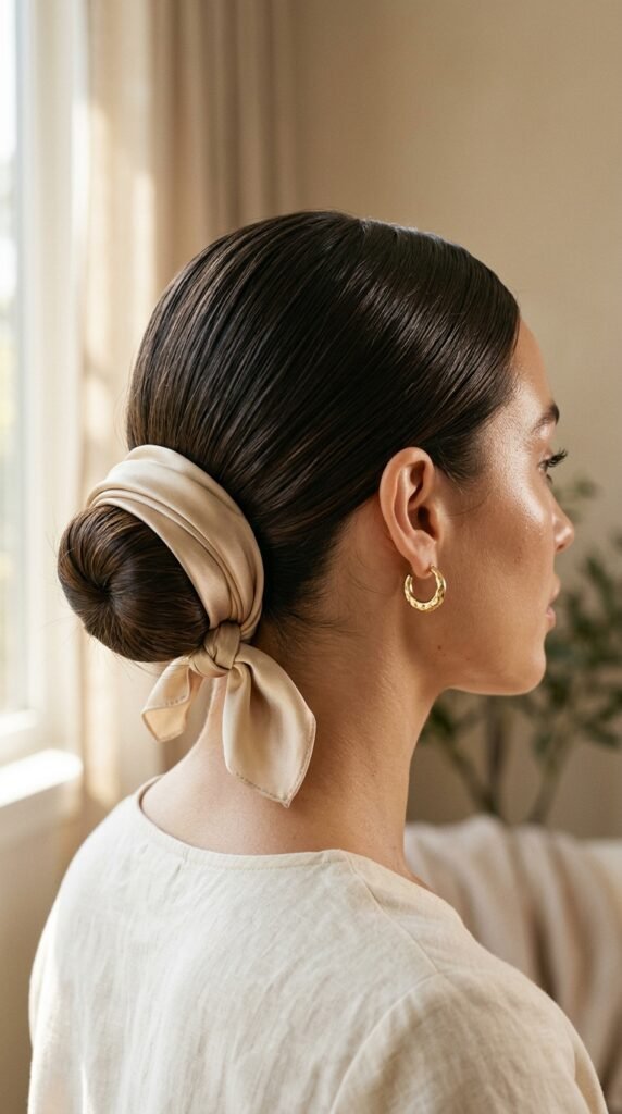 Sleek_low_bun_silk_bandana_ Sleek_low_bun_silk_bandana_