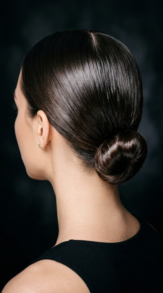Slicked-back_low_bun_hairstyle_ Slicked-back_low_bun_hairstyle_