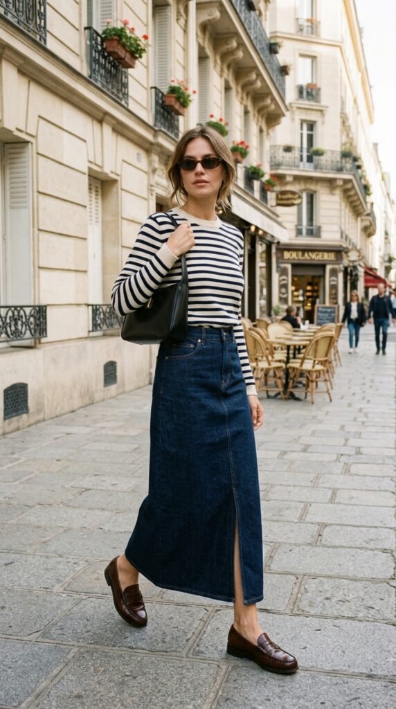 Striped_knit_denim_skirt_loafers triped_knit_denim_skirt_loafers