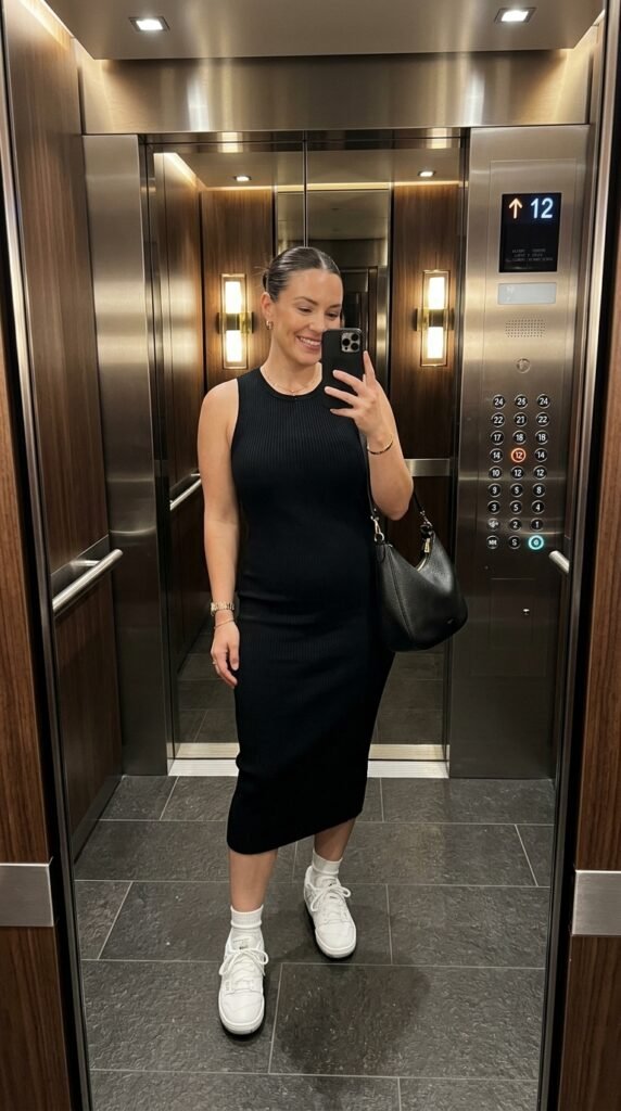 Woman_in_black_dress_sneakers Woman_in_black_dress_sneakers