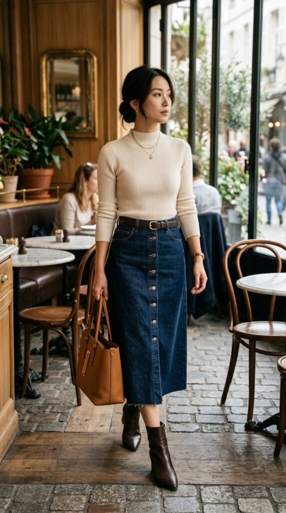 Woman_wearing_denim_skirt_knitwear Woman_wearing_denim_skirt_knitwear