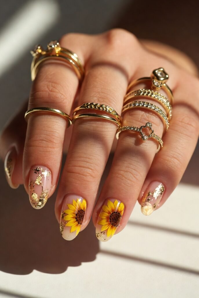 gold foil sunflower nails gold foil sunflower nails