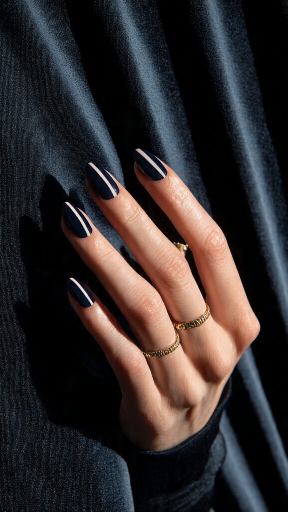 blue and white stripe nails 