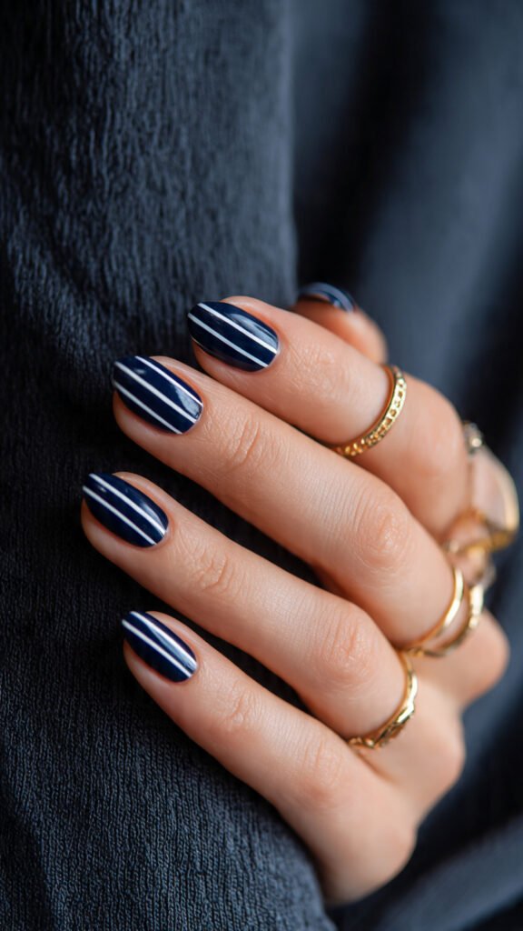 blue and white stripe nails 