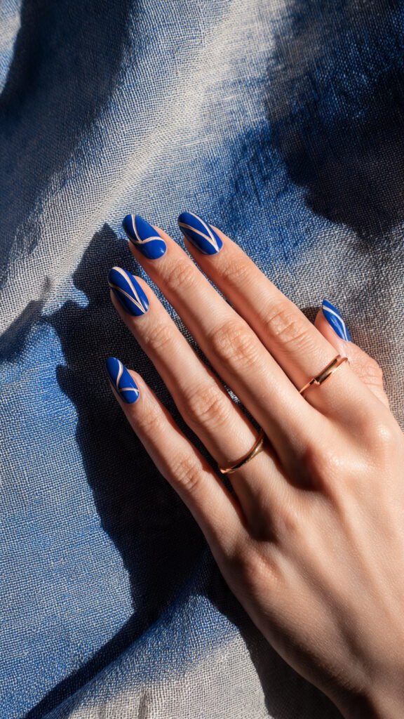 negative space linework, blue and white nails 