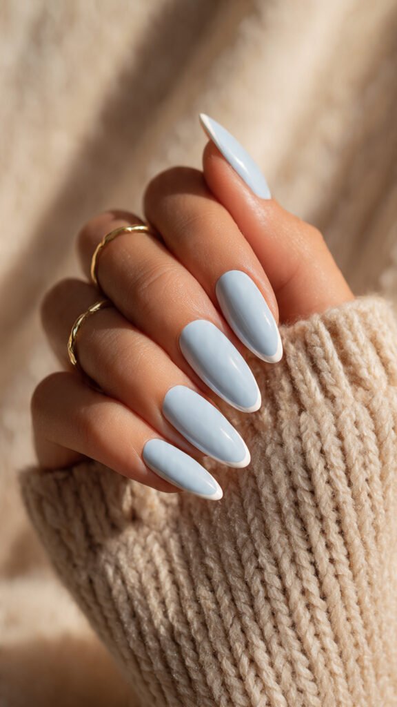 classic baby blue base with subtle white tip nail art