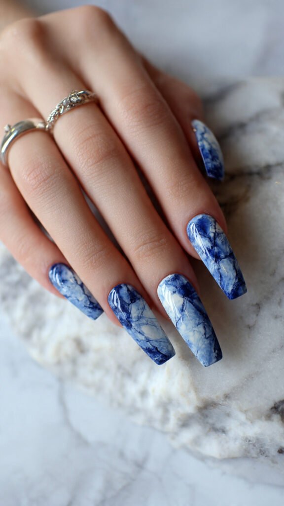 blue and white marble nail art