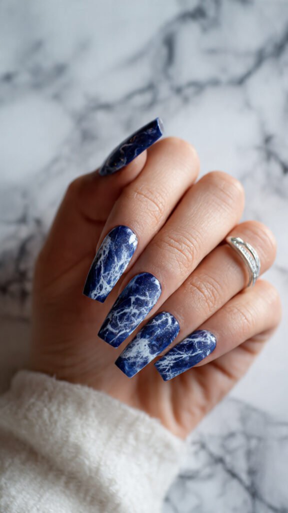 blue and white marble nail art
