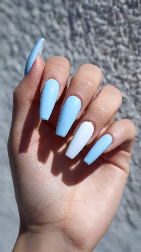 single accent contrast blue and white nails