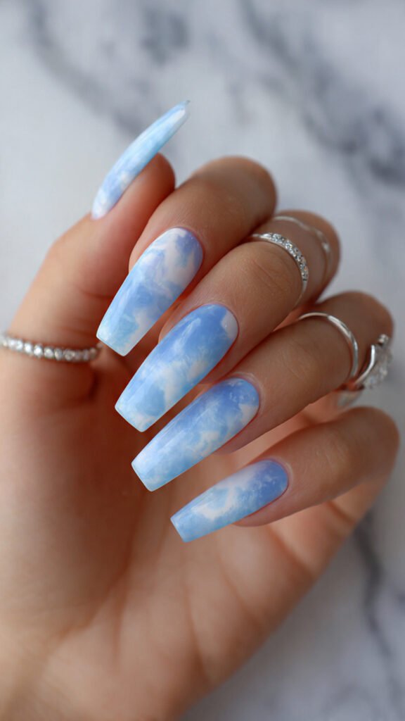 soft cloud blue and white nails