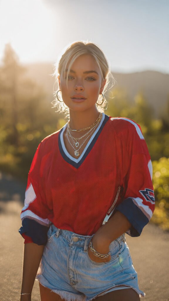 oversized jersey and denimshorts baseball outfit