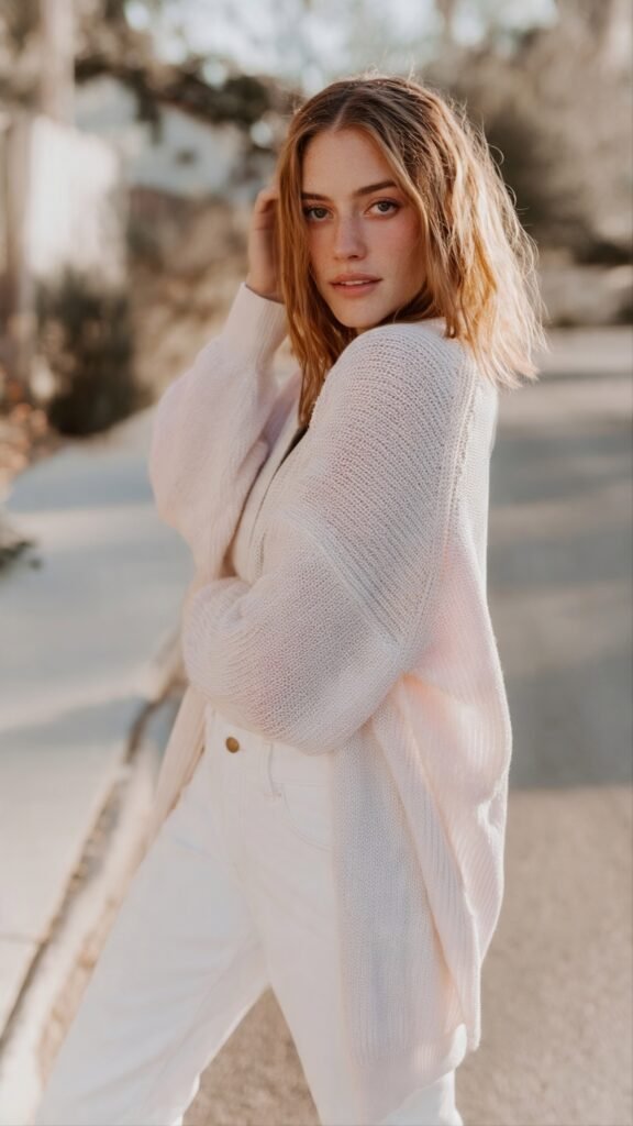 cardigan and white jeans