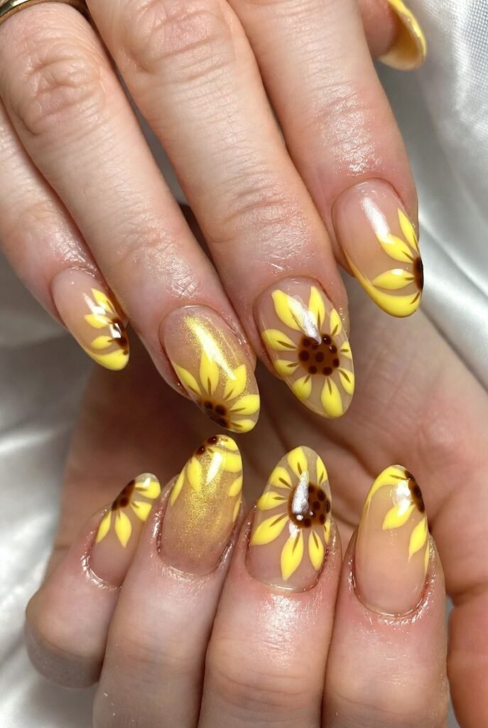 Sunflower Gel Nails With Glossy Finish Sunflower Gel Nails With Glossy Finish