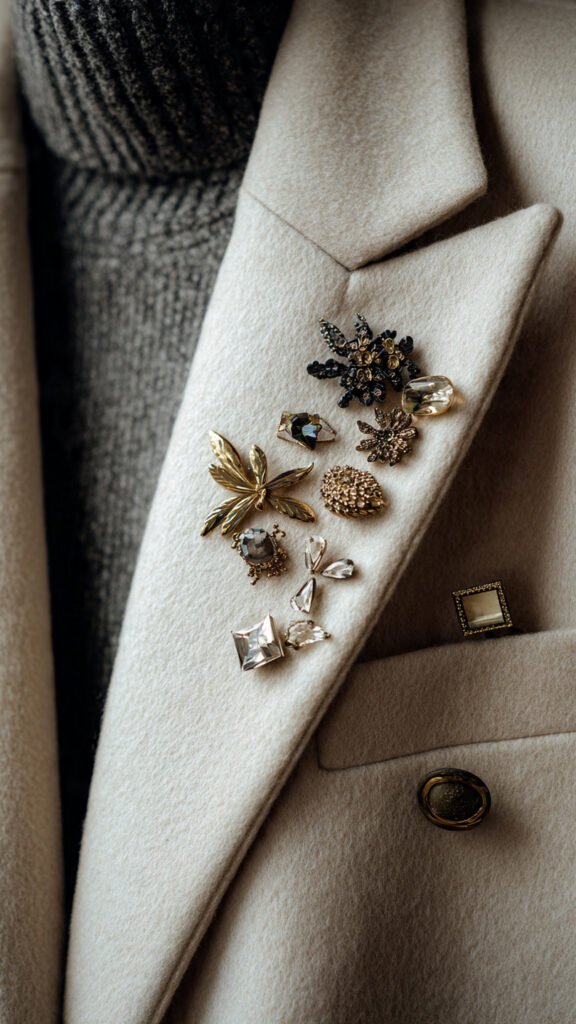 Spread across outerwear Brooches are being placed across coats and jackets in a more scattered formation. This feels less formal and more organic, almost like the pieces were added over time.