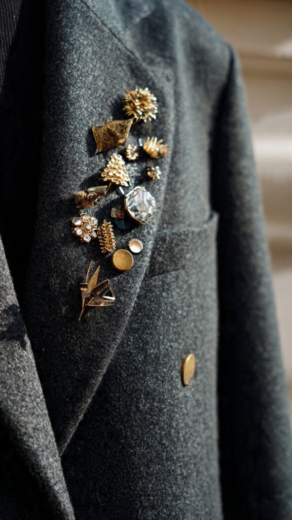 Spread across outerwear Brooches are being placed across coats and jackets in a more scattered formation. This feels less formal and more organic, almost like the pieces were added over time.