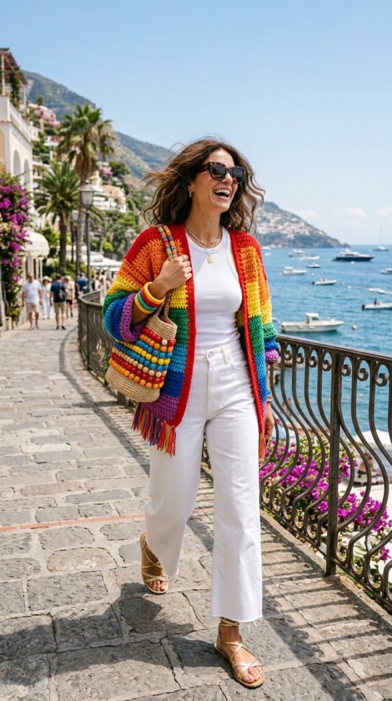 3._Rainbow_Crochet_Cardigan_with white denim jeans 3._Rainbow_Crochet_Cardigan_with white denim jeans