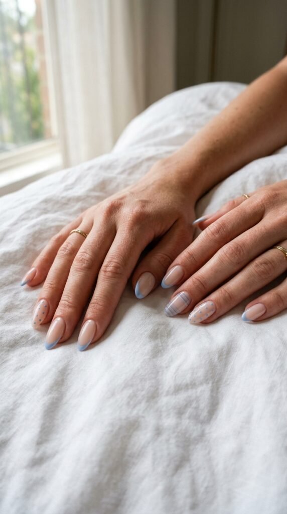 Blue Polka Dot French Almond Nails Blue Polka Dot French Almond Nails