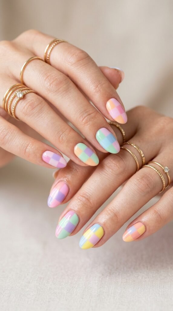 Checkerboard_nails_with_gold_rings Checkerboard_nails_with_gold_rings