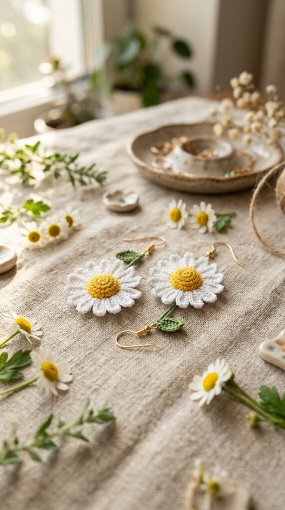 Crochet_daisy_earrings_on_linen_202606050016 Crochet_daisy_earrings
