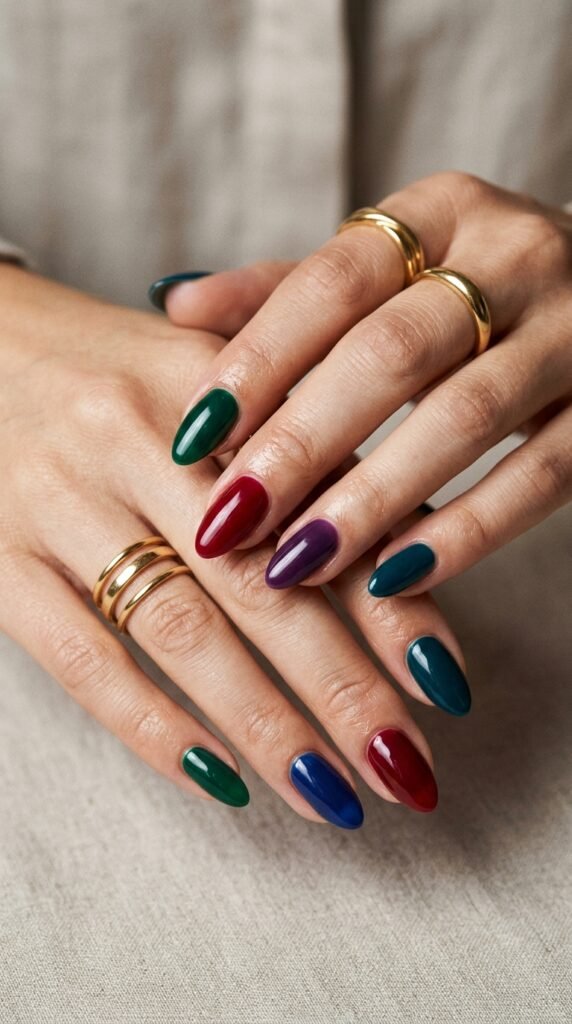 Jewel_tone_mixed_manicure_hands_202606171545 Jewel tone mixed manicure hands 202606171545