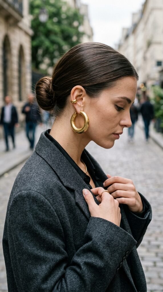 Model_adjusting_blazer_collar_ea…_202606061556 hoop earrings