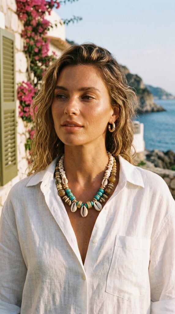 Model_wearing_shell_bead_necklace_ Model_wearing_shell_bead_necklace_