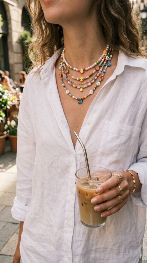 Necklaces_around_neck_iced_coffee_202606061556 colorful beaded necklace